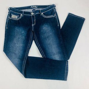 Amethyst Jeans Womens 11 Blue Skinny Stretch Dark Wash Bold Stitch Flap Pockets